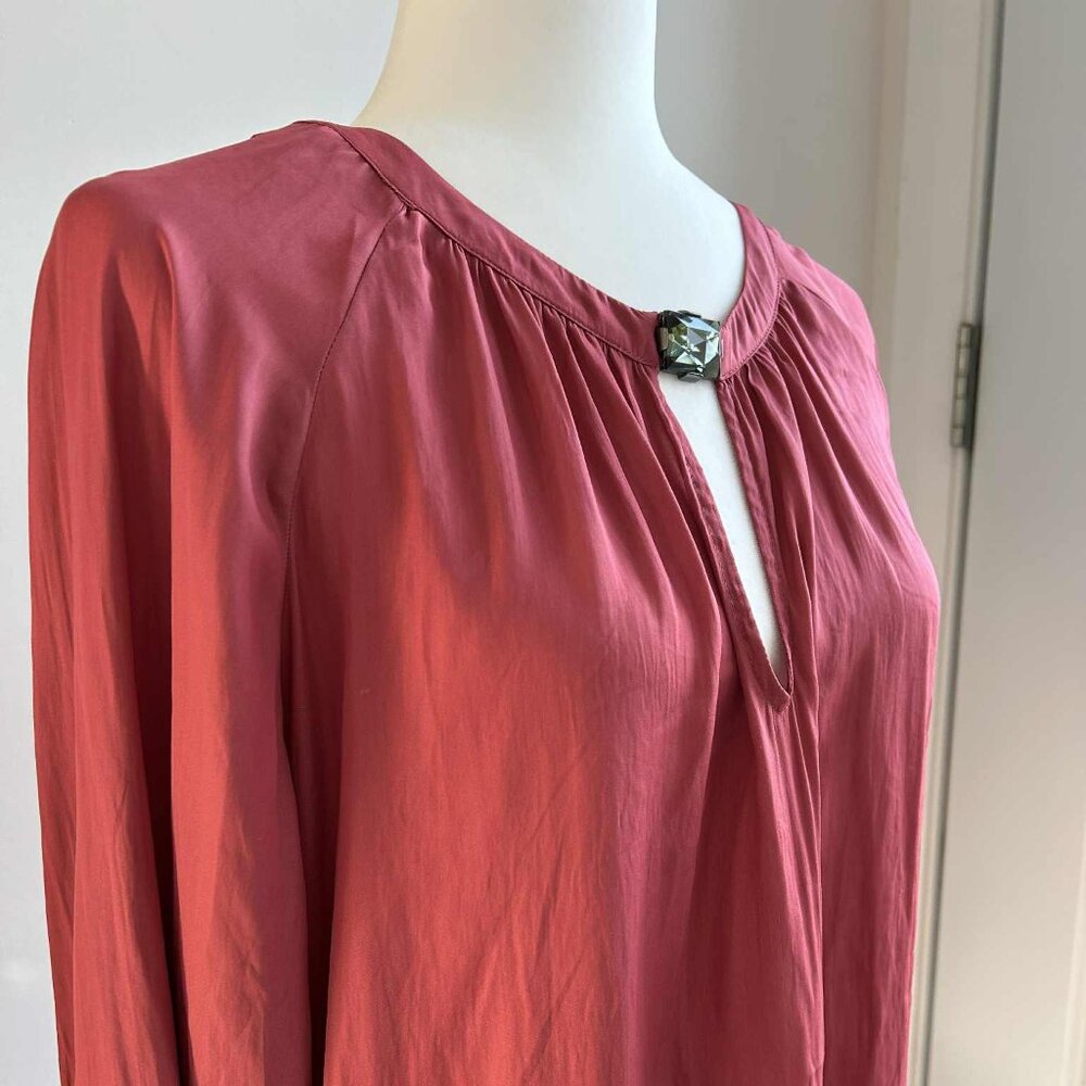 Zara Basic Deep Rose Silky Blouse with Jewel Neckline & Billowed Sleeves – US XL